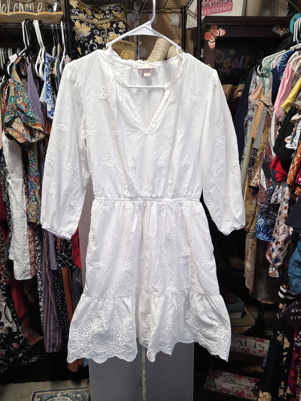 White Eyelet V-Neck Women's Dress